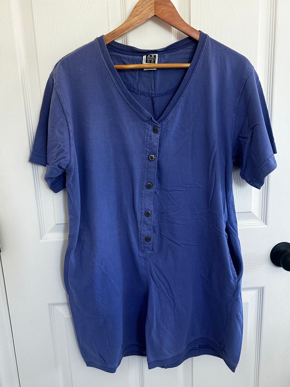 Vintage Weavers Blue Cotton Button Front Romper Jumpsuit M 90s